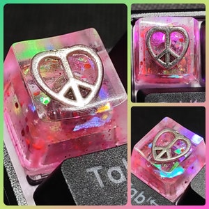 Pink Peace Sign Keycap Holographic Glitter Silver Heart Handmade Resin Keyboard Cap Cherry MX Keycap Switch Computer Key Button