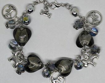 Terrier Dog Charm Bracelet: Lampwork Glass Hearts, Iridescent Crystals