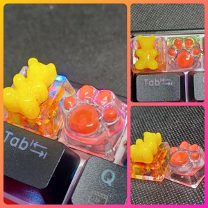 Neon Yellow 3D Gummy Bear Paw Print Keycap Set Orange Pink Blacklight Glow UV Resin Cherry MX Mechanical Keyboard Switch Computer Key Button