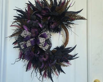 Gothic Crescent Moon Wreath | Black & Purple Halloween Wreath | Victorian Gothic Door Decor | Dark Academia Floral Wreath | Handmade