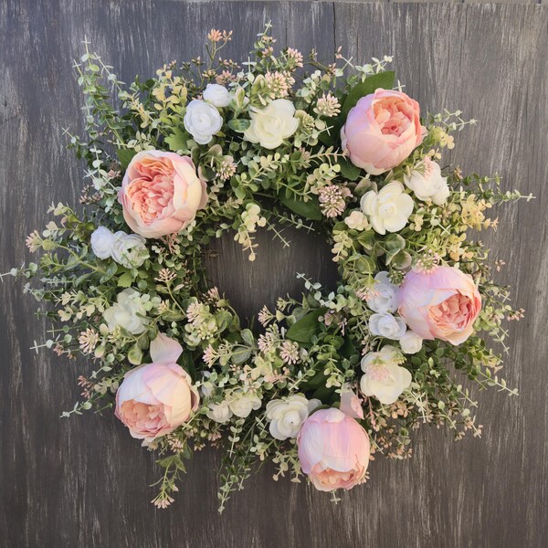Blush Pink Peony Wreath – 24 Inch Spring Floral Door Decor – Handmade Elegant Home