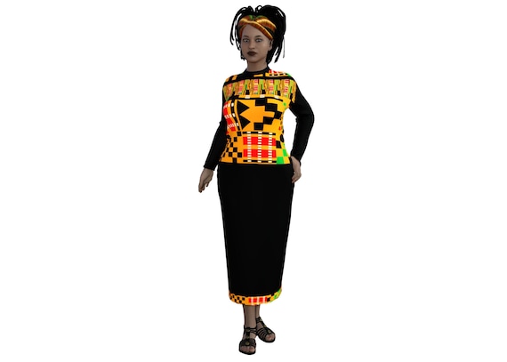 Black Hip Dress with Printed African Kente Cloth Pattern