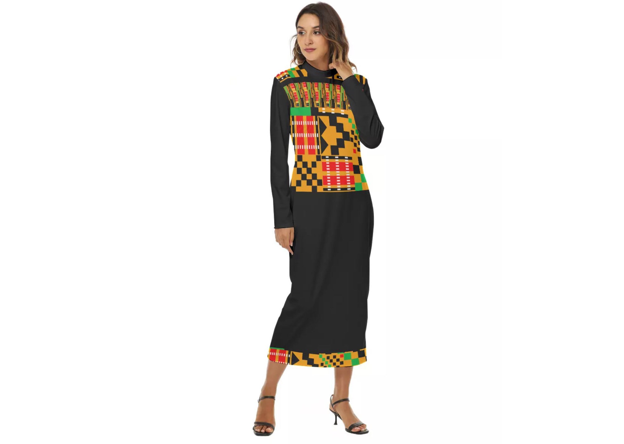 Black Hip Dress with Printed African Kente Cloth Pattern