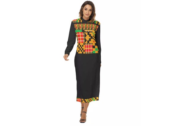 Black Hip Dress with Printed African Kente Cloth Pattern