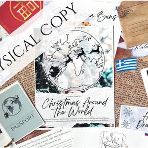 May include: A collage of Christmas-themed items, including a book titled "Christmas Around The World" with a world map illustration and Santa's sleigh. Other elements include a passport, envelopes, and various cards with festive designs and text.
