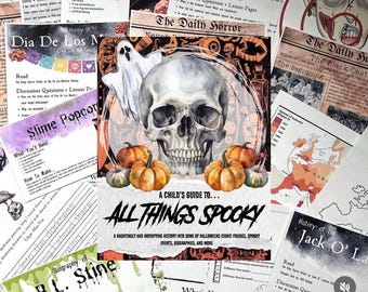 May include: A child's guide to all things spooky book cover with a skull, pumpkins, and a ghost. The book title is "A Child's Guide to... All Things Spooky" and the subtitle is "A hauntingly and horrifying history into some of Halloween's iconic figures, spooky events, biographies, and more."