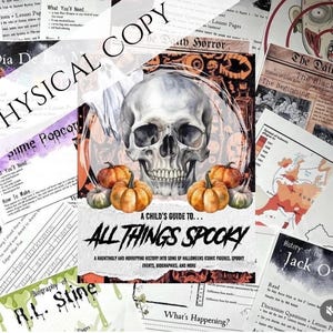 May include: A collage of Halloween-themed ephemera, including a book cover titled "A Child's Guide to All Things Spooky" featuring a skull and pumpkins. Surrounding the book are various papers with text and illustrations, creating a spooky aesthetic.