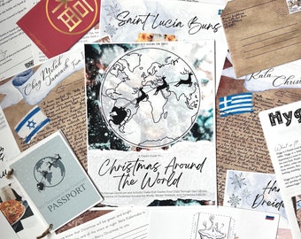 May include: A colorful collection of Christmas-themed items, including a passport, a map of the world with Santa's sleigh, and a postcard with the text "Saint Lucia Buns".