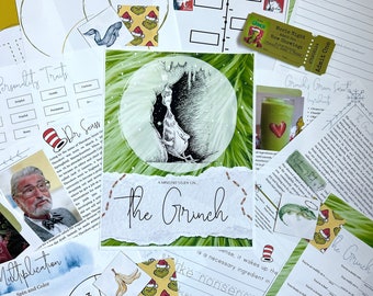 May include: A collection of printable activities and crafts inspired by the classic children's book "How the Grinch Stole Christmas!" by Dr. Seuss. The printable pages feature illustrations of the Grinch, a Grinch-themed personality traits chart, a multiplication chart, and a recipe for Grinch's Green Smoothie.