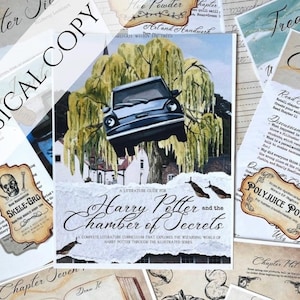 May include: A close-up of a book cover for "Harry Potter and the Chamber of Secrets". The cover features a blue car flying through the air, surrounded by a weeping willow tree. The book is a literature guide for the Harry Potter series.