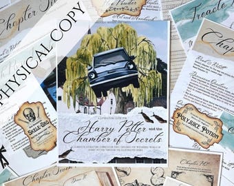 May include: A close-up of a book cover for "Harry Potter and the Chamber of Secrets". The cover features a blue car flying through the air, surrounded by a weeping willow tree. The book is a literature guide for the Harry Potter series.