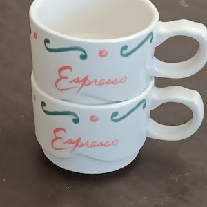 Espresso mugs, vintage porcelain with &quot;espresso&quot; written on the front, marked Barista Syracuse China 25-D, set of 2.