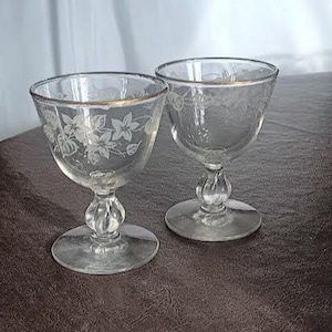 May include: Two clear, stemmed glasses with etched floral designs and gold rims. The glasses have a rounded bowl shape and sit on a circular base. The stems have a decorative, bulbous design.
