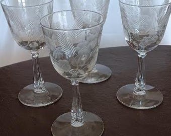 Libbey vintage crystal, "Crystal Garland" pattern, etched wine glasses, set of 4.