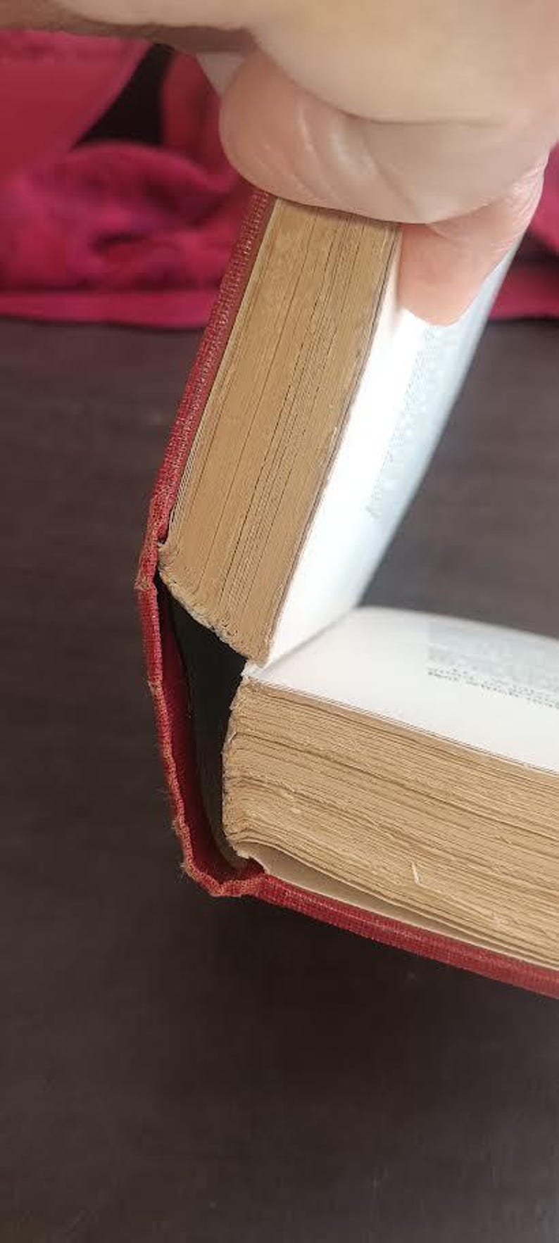 May include: Close-up of an open book with a red cover and aged, yellowed pages. The book's spine is visible, and the pages are slightly fanned out, revealing the text within. The book is held open.