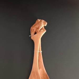 Hand carved wooden lion handle salad serving spoon and fork, made 1970&#39;s.