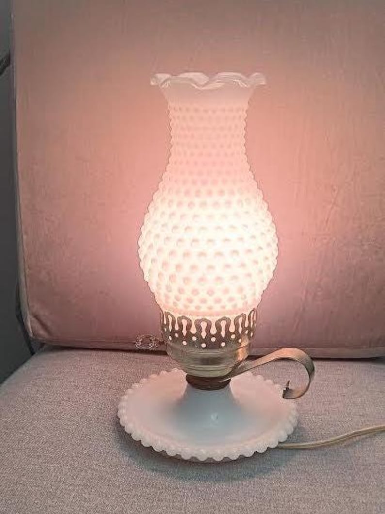 Vintage hobnail milk glass lantern style table lamp