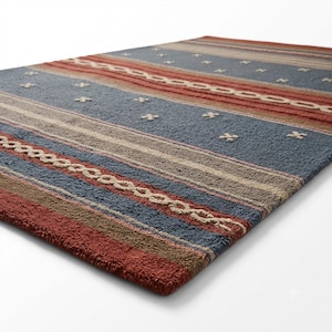 Hand Tufted Wool Rug, Southwestern Style Striped Rectangular Area Carpet, Rustic Red Blue Geometric Flat Lay Rug for Living Room Bedroom