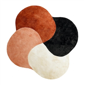 Puede incluir: Una alfombra moderna con un diseño abstracto de círculos superpuestos en tonos óxido, negro, melocotón y crema. La alfombra tiene un aspecto suave y texturizado, agregando calidez e interés visual a cualquier espacio.