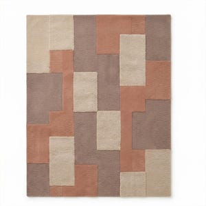 Modern Hand Tufted Wool Rug, Abstract Geometric Patchwork Carpet, Minimalist Terracotta Mauve Area Rug for Living Room