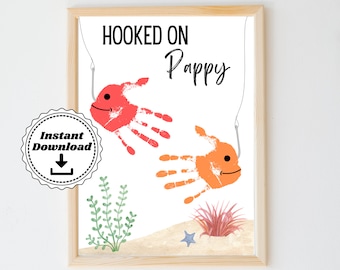 Hooked on Pappy Handprint | Father&#39;s Day Fishing Handprint Art | Handprint Craft | Toddler Father&#39;s Day Gift | Printable Preschool Craft