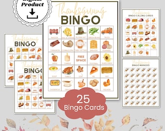 Thanksgiving Bingo Game: 25 Printable Cards, Kids Party Activity (Digital Download)