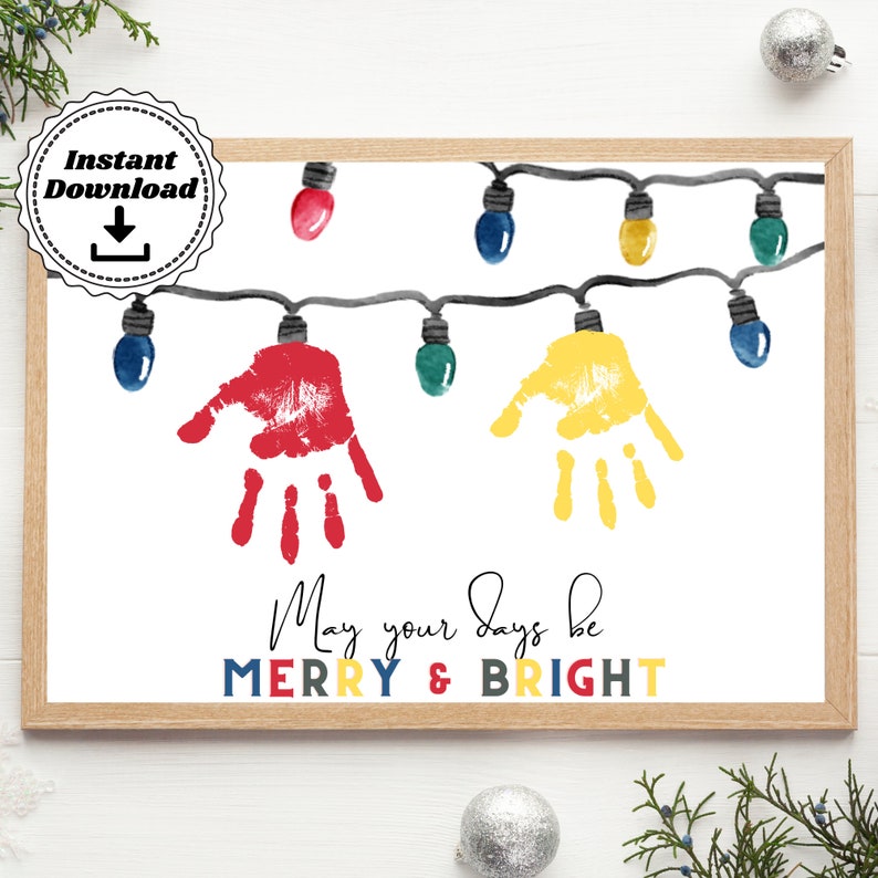 Handprint Christmas Lights Printable Merry and Bright Handprint Art Preschool Christmas image 1
