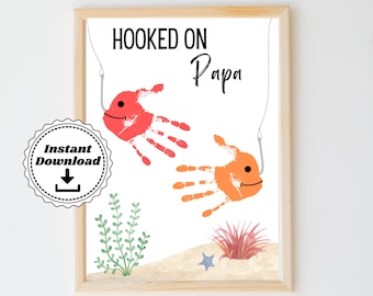 Hooked on Papa Handprint | Father&#39;s Day Fishing Handprint Art | Handprint Craft | Toddler Father&#39;s Day Gift | Printable Preschool Craft