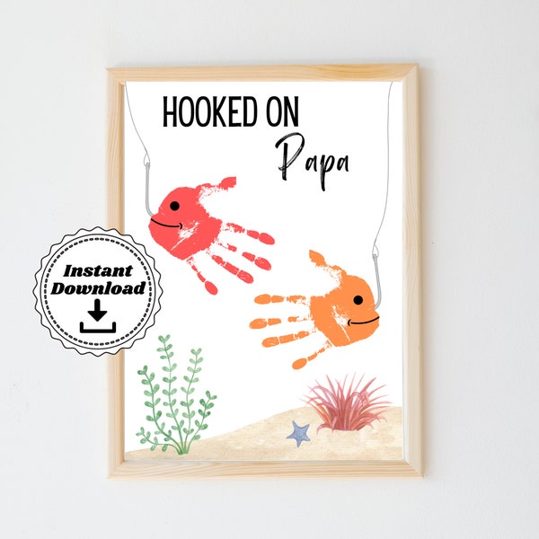 Hooked on Papa Handprint | Father's Day Fishing Handprint Art | Handprint Craft | Toddler Father's Day Gift | Printable Preschool Craft