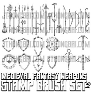 Medieval Fantasy Weapon Brush Set 2 Sword Shield Bow Illustration Stamps for Procreate and Photoshop image 2