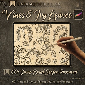 May include: A digital illustration of 60+ vine and ivy leaf stamp brushes for Procreate. The image shows a variety of leaves and vines in a black and white design on a beige background. The text "Vines & Ivy Leaves" is at the top of the image, and the text "60+ Stamp Brush Set for Procreate" is at the bottom of the image.