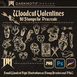 May include: A set of 50 woodcut style illustrations for Procreate, featuring a variety of Valentine's Day themed designs. The illustrations are in a vintage style and include hearts, arrows, skulls, and other romantic symbols. The illustrations are available as PNG files and Procreate brushes.