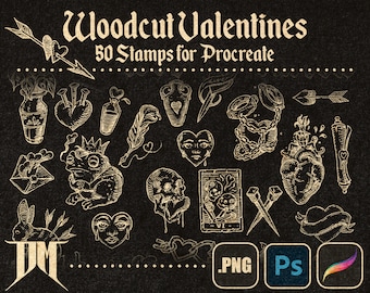 Medieval Woodcut Valentines Day Illustrations for Procreate, Stamp Brushes PNG Clipart Tattoo Designs