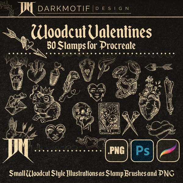 Medieval Woodcut Valentines Day Illustrations for Procreate, Stamp Brushes PNG Clipart Tattoo Designs