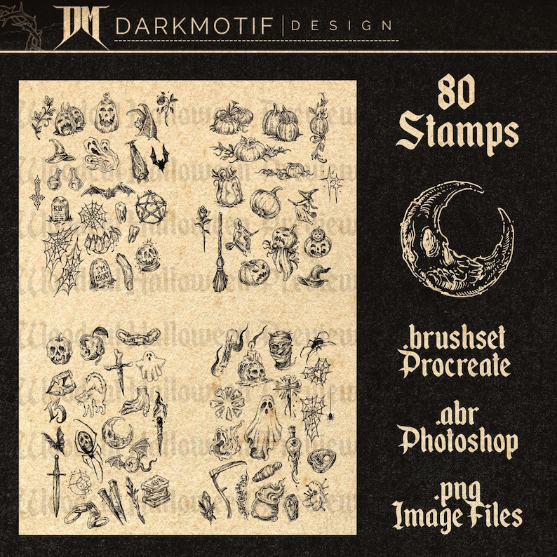May include: A set of 80 Halloween themed stamps for Procreate and Photoshop. The stamps are black and white illustrations on a beige background. The illustrations include pumpkins, bats, ghosts, spiders, and other spooky elements. The text "80 Stamps" is in a large, bold font at the top of the image. The text "brushset Procreate .abr Photoshop .png Image Files" is in a smaller font at the bottom of the image.