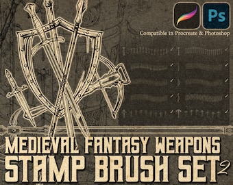 Medieval Fantasy Weapon Brush Set 2 Sword Shield Bow Illustration Stamps for Procreate and Photoshop