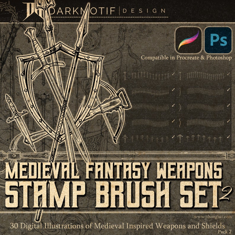 Medieval Fantasy Weapon Brush Set 2 Sword Shield Bow Illustration Stamps for Procreate and Photoshop image 1