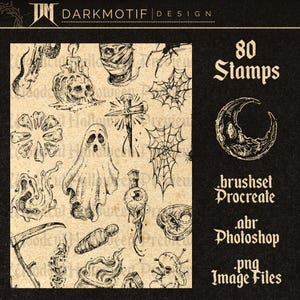 May include: A set of 80 black and white hand-drawn stamps featuring spooky and gothic imagery. The stamps are designed for use with Procreate, Photoshop, and as PNG image files. The images include a ghost, a skull, a spider web, a crescent moon, and a candle.
