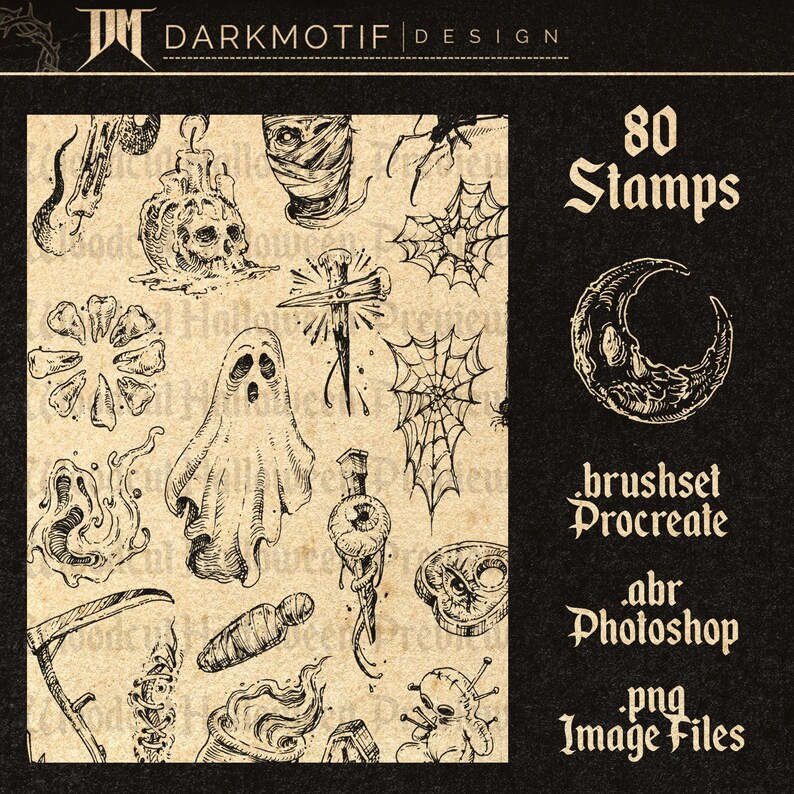 May include: A set of 80 black and white hand-drawn stamps featuring spooky and gothic imagery. The stamps are designed for use with Procreate, Photoshop, and as PNG image files. The images include a ghost, a skull, a spider web, a crescent moon, and a candle.