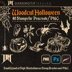 May include: A set of 80 woodcut style Halloween illustrations for Procreate. The illustrations are in black and white and feature various spooky and whimsical designs, including pumpkins, spiders, bats, and more. The illustrations are perfect for creating Halloween-themed designs, cards, and other projects.