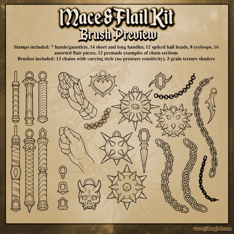 Mace & Flail Kit Stamp and Chain Brush Set for Procreate, 70 Stamps and Brushes image 5