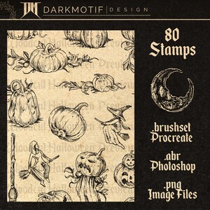 May include: A set of 80 black and white Halloween themed stamps featuring pumpkins, witches, and moons. The stamps are available in .abr, .png, and .procreate formats.