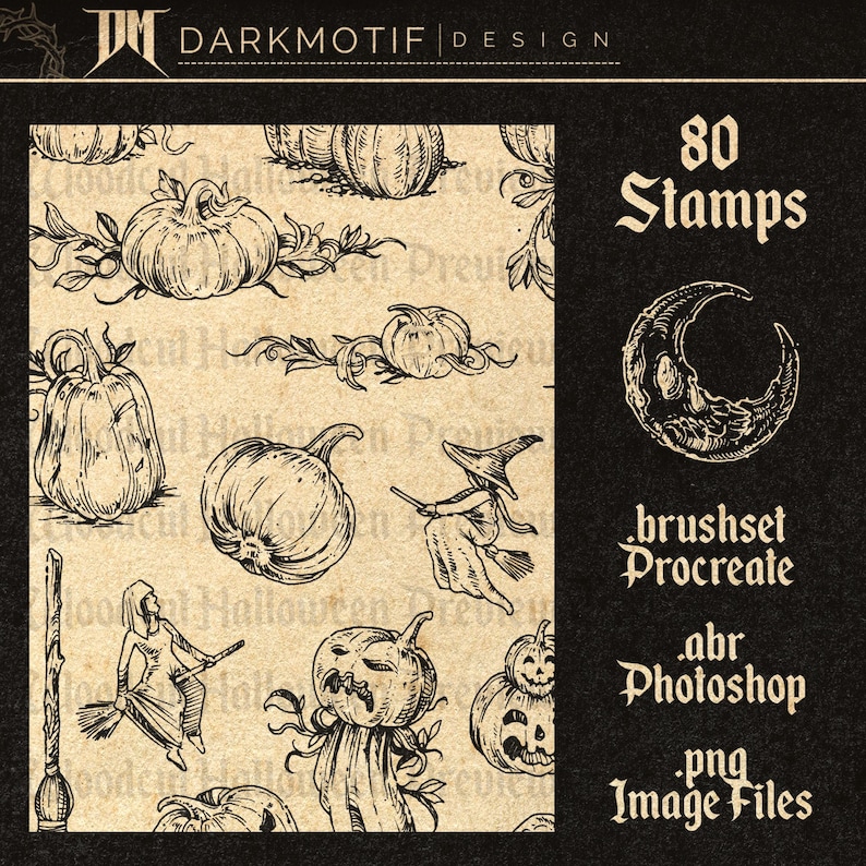May include: A set of 80 black and white Halloween themed stamps featuring pumpkins, witches, and moons. The stamps are available in .abr, .png, and .procreate formats.