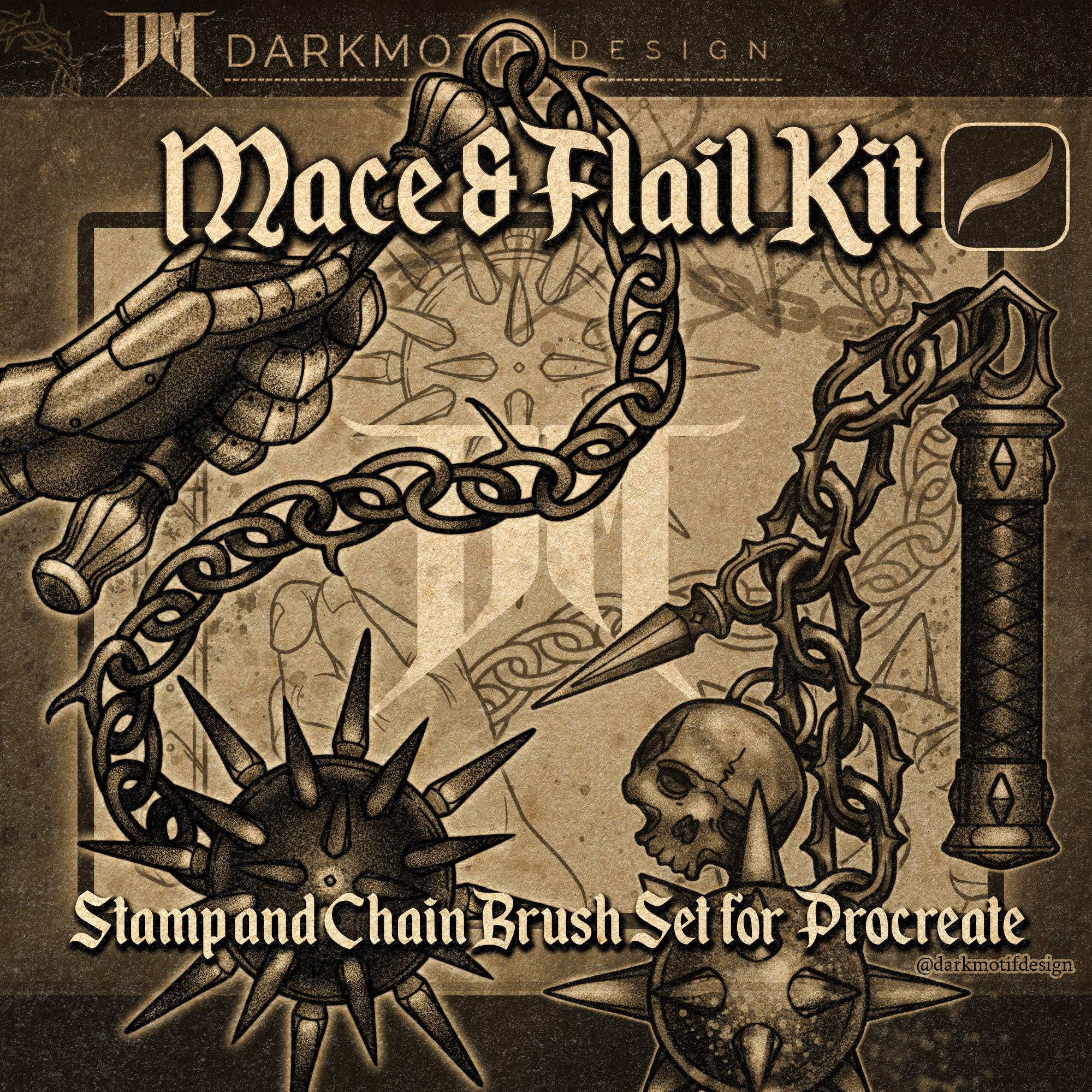Set de pinceles para Procreate Mace & Flail – 70+ stamps, pinceles de cadena y shaders de textura para tatuaje e ilustración