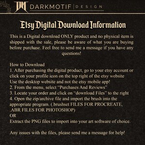 May include: A digital download information page with a dark background and gold text. The text explains how to download digital products purchased on Etsy. The text includes instructions on how to download files for Procreate and Photoshop.