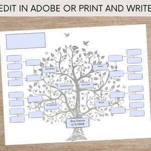 May include: A printable family tree template with a gray tree design and blank spaces for names and dates. The text "Edit in Adobe or Print and Write" is at the top of the page. The text "Ana Garcia 3/3/2008" is at the bottom of the page.