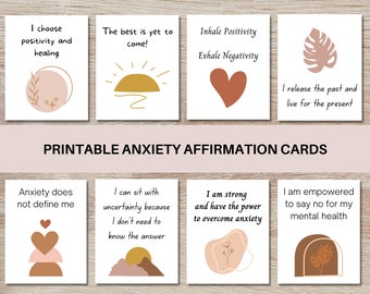May include: Printable affirmation cards with positive messages and abstract illustrations in brown, pink, and gold. The cards feature phrases like "I choose positivity and healing" and "I am strong and have the power to overcome anxiety".