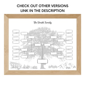 May include: A printable family tree template with a gray and white tree illustration. The template has blank spaces for names and dates. The text "The Smith Family" is at the top of the template.