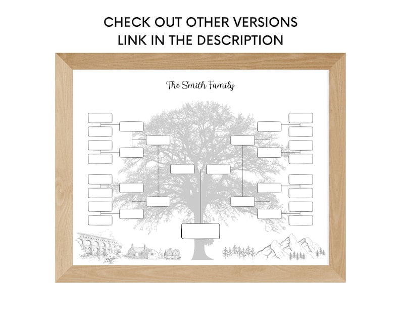 May include: A printable family tree template with a gray and white tree illustration. The template has blank spaces for names and dates. The text "The Smith Family" is at the top of the template.