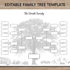 Könnte beinhalten: Eine schwarz-weiße druckbare Familienstammbaumvorlage mit einer Baumsilhouette im Hintergrund. Die Vorlage trägt den Titel "The Smith Family".